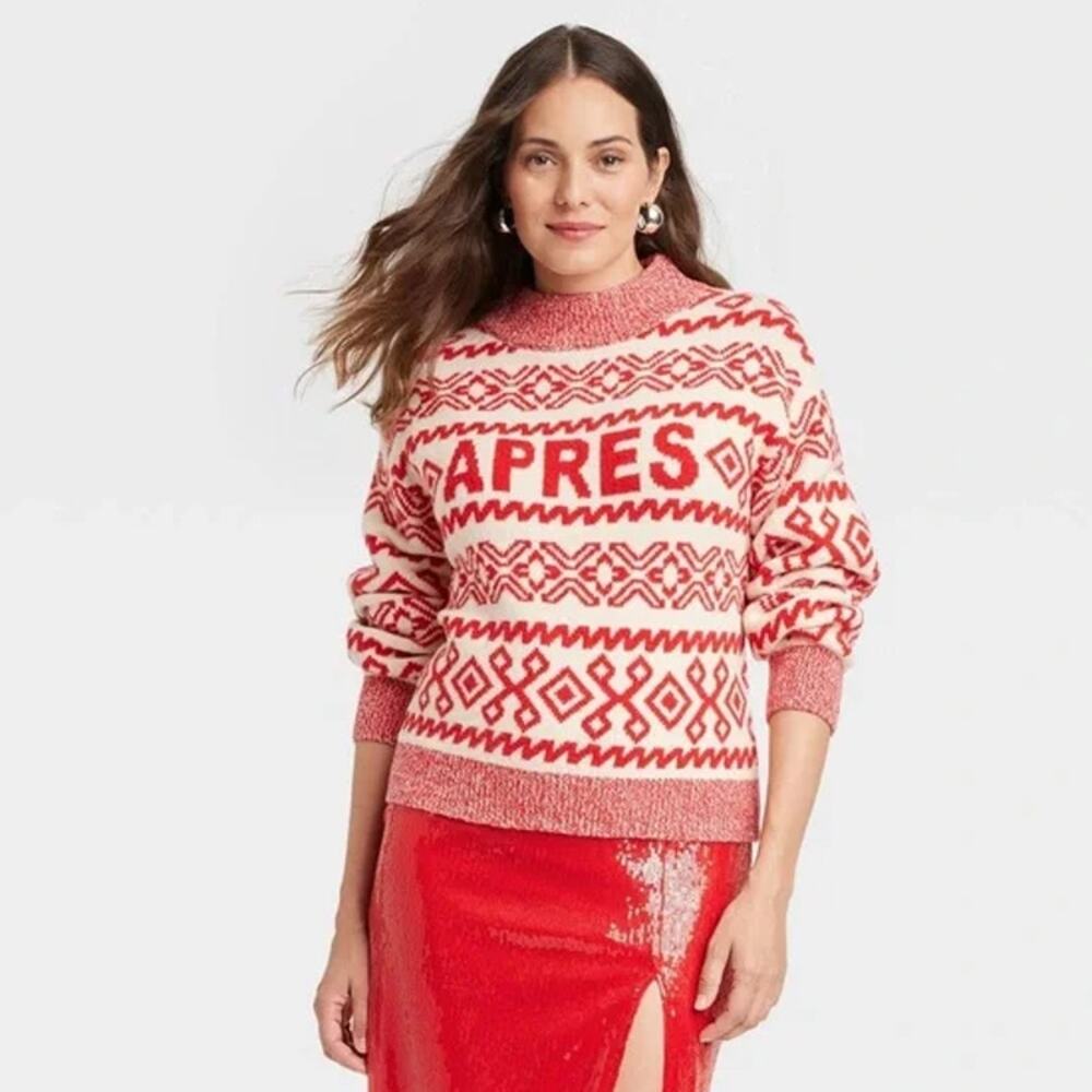 A New Day Apres Crew‎ Neck Graphic Pullover Sweater Red Size Medium